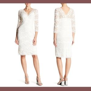 NWT $149 Marina‎ 3/4 Sleeve Tiered Sequin Lace Dress in Ivory [SZ 8 ]